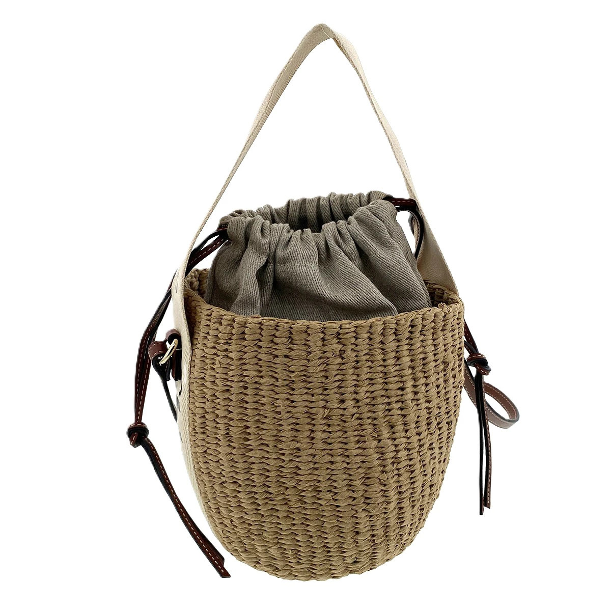 Chloe Woody Basket Shoulder Bag Raffia Canvas White Beige